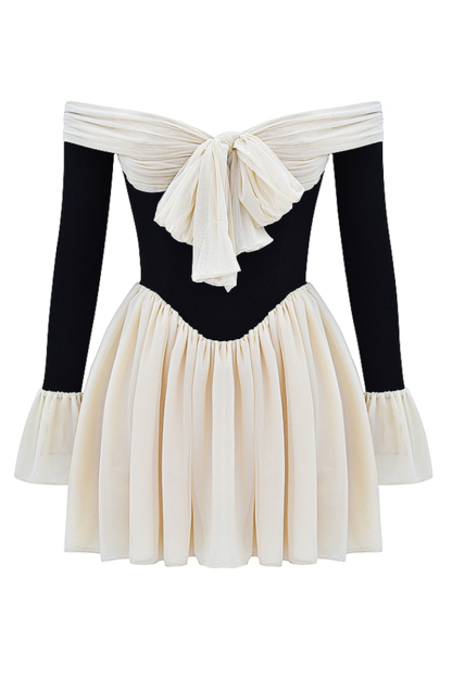 Off Shoulder Long Flare Sleeve Patchwork Knotted Pleated Hem Party Mini Dresses-White-Hayhty.All Rights Reserved.