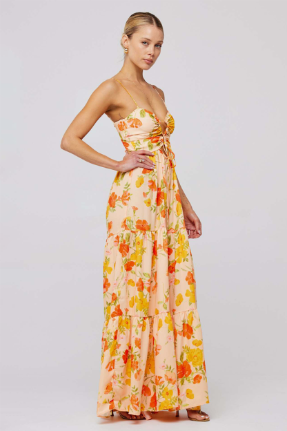 Floral Print Front Tie Up Spaghetti Strap Flowy Maxi Dresses-Orange-Hayhty.All Rights Reserved.