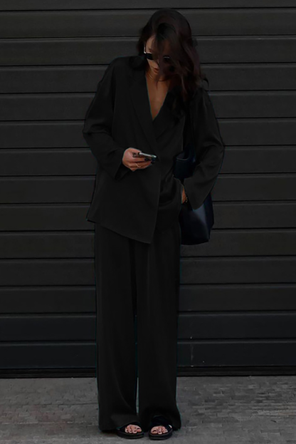 V Neck Long Sleeve Loose Fit Blazer Satin Wide Leg Pants Matching Set-Green-Hayhty.All Rights Reserved.