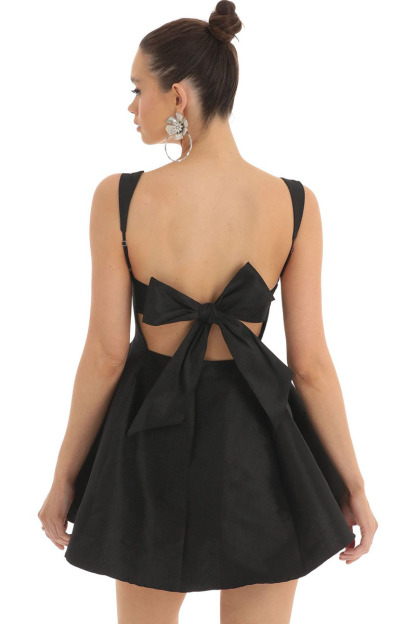 Square Neck Straps White Bow Knotted Cutout Backless A-line Satin Mini Dresses-Hayhty.All Rights Reserved.
