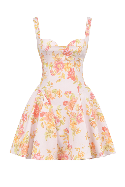 Irregular Neck Cinch Waist Floral Print Mini Dresses-Light Pink-Hayhty.All Rights Reserved.