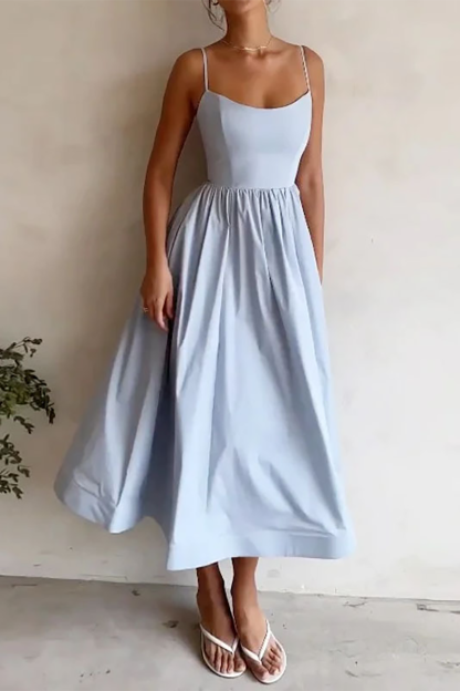 Solid Color U Neck Cinch Waist Spaghetti Strap Midi Dresses-Pink-Hayhty.All Rights Reserved.