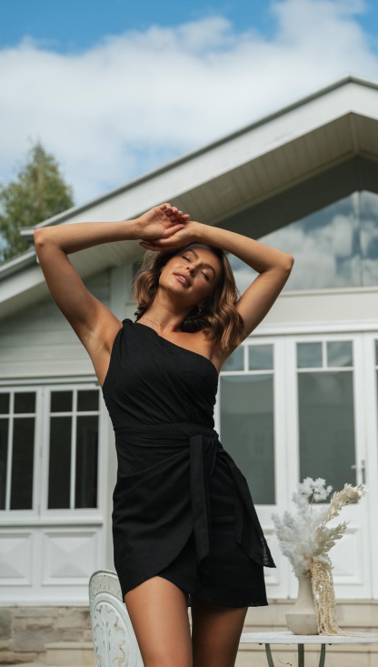 One Shoulder Knot Wrap Tie Mini Dress-Hayhty.All Rights Reserved.