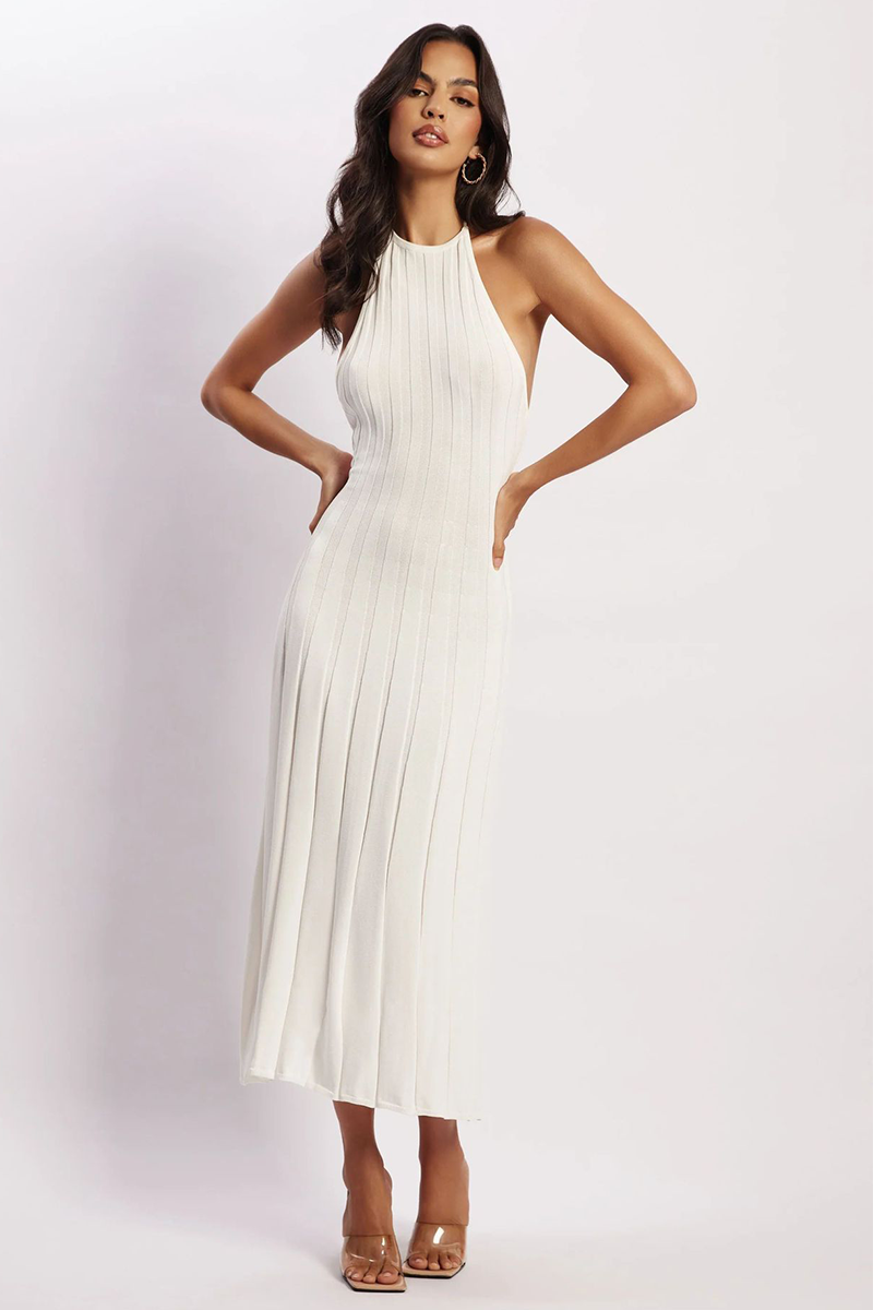 Solid Color Pleated Knit Open Back Halter Midi Dresses-White-Hayhty.All Rights Reserved.