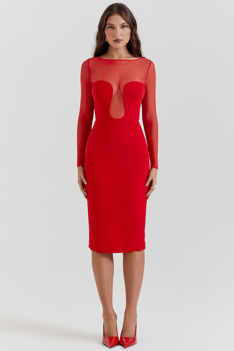 Mesh Patchwork Long Sleeve Irregular Corset Bodycon Midi Dresses-Red-Hayhty.All Rights Reserved.