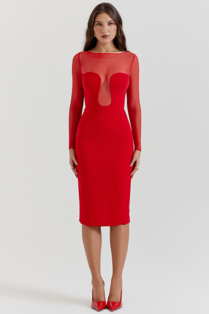 Mesh Patchwork Long Sleeve Irregular Corset Bodycon Midi Dresses-Red-Hayhty.All Rights Reserved.