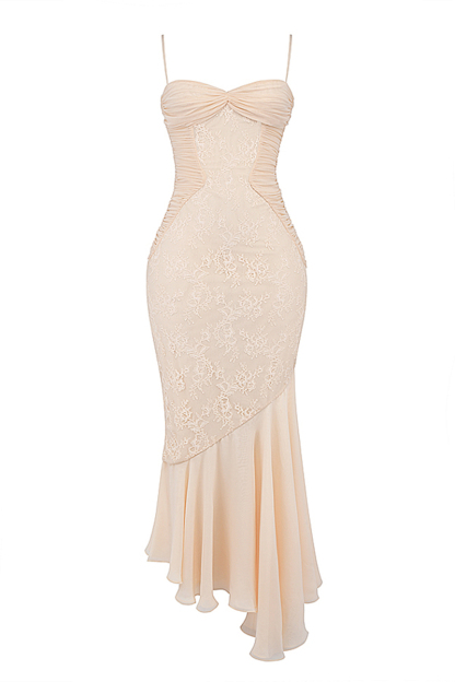 Lace Patchwork Bodycon Fishtail Hem Spaghetti Strap Chiffon Maxi Dresses-Beige-Hayhty.All Rights Reserved.