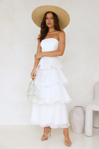 Strapless A-Line Layered Ruffled Hem Maxi Dresses-White-Hayhty.All Rights Reserved.