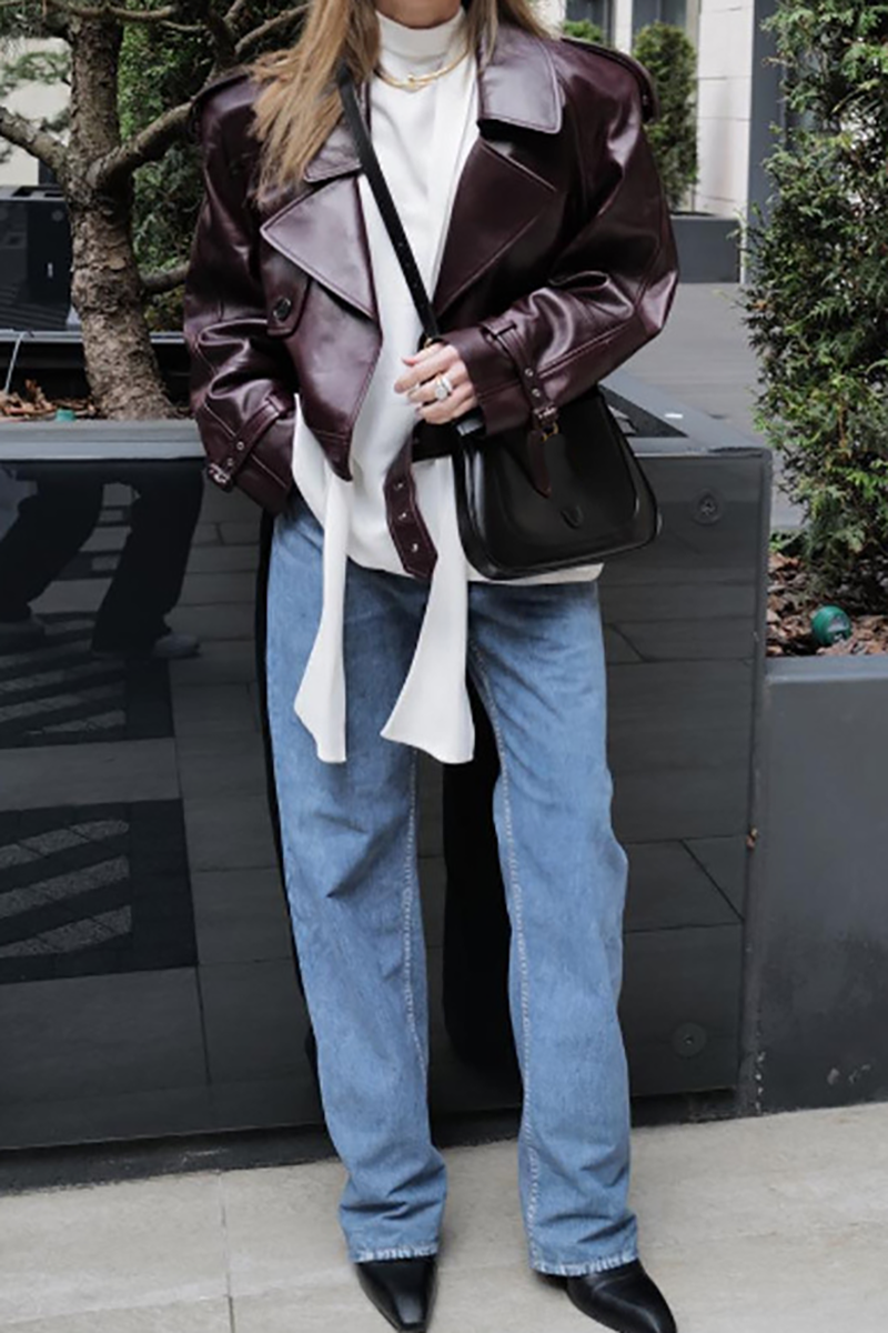 Notch Collar Long Sleeve PU Leather Crop Jacket-Burgundy-Hayhty.All Rights Reserved.