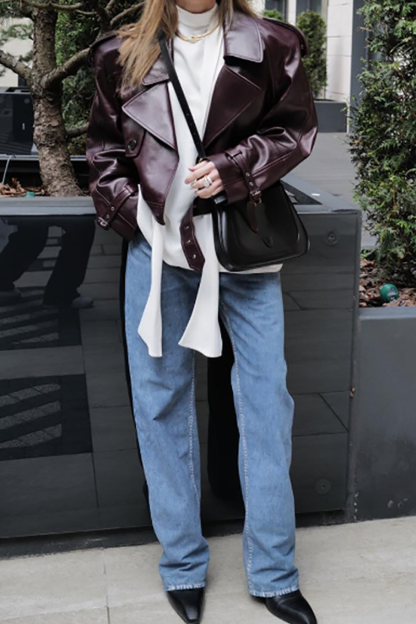 Notch Collar Long Sleeve PU Leather Crop Jacket-Burgundy-Hayhty.All Rights Reserved.