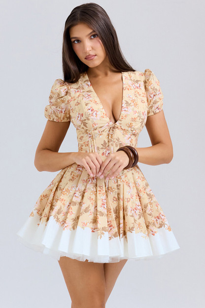 Floral Print Deep V Neck Juliet Sleeve Corset Mini Dresses-Yellow-Hayhty.All Rights Reserved.