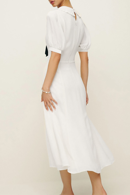 Doll Collar Front Tie Up Puff Sleeve A-Line Midi Dresses-White-Hayhty.All Rights Reserved.