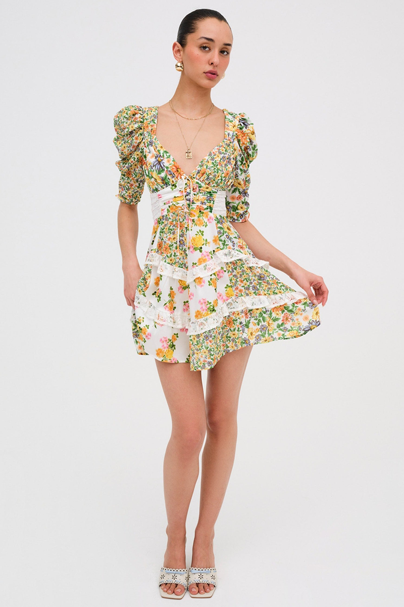 Floral Print V Neck Juliet Sleeve Lace Ruffled Trim A-Line Mini Dresses-Green-Hayhty.All Rights Reserved.