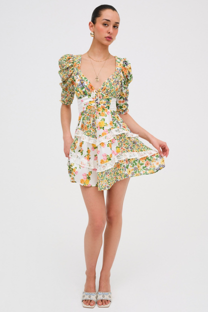 Floral Print V Neck Juliet Sleeve Lace Ruffled Trim A-Line Mini Dresses-Green-Hayhty.All Rights Reserved.
