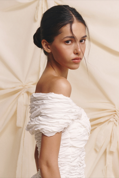 Off Shoulder Ruched Cinch Waist Tie Up Mini Dresses-White-Hayhty.All Rights Reserved.