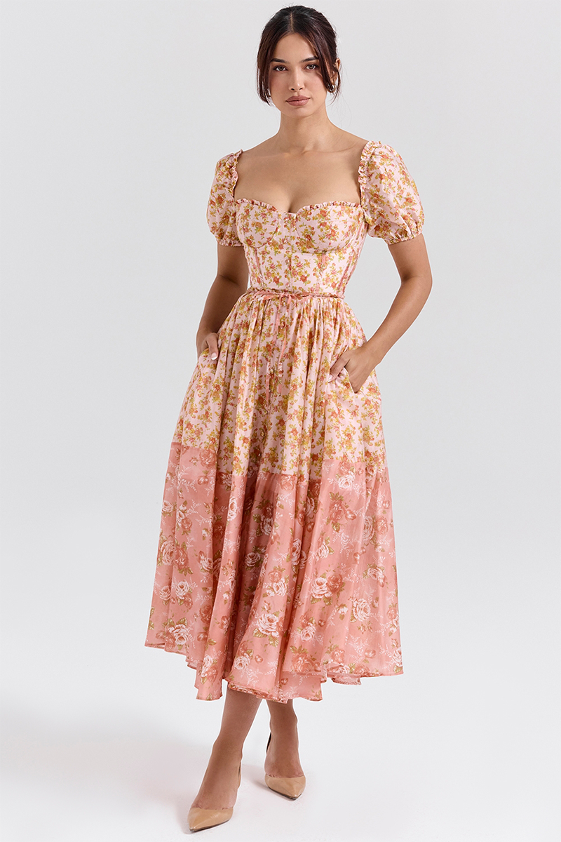Floral Print Puff Sleeve Cinch Waist Colorblock Midi Dresses-Orange-Hayhty.All Rights Reserved.