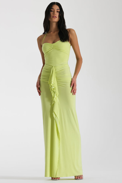 Ruched Ruffle Halter Slit Bodycon Evening Maxi Dresses-Hayhty.All Rights Reserved.