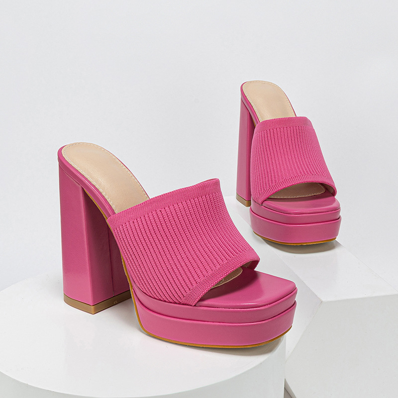 Knit Patchwork Square Toe Platform Chunky Heels-Blue-Hayhty.All Rights Reserved.