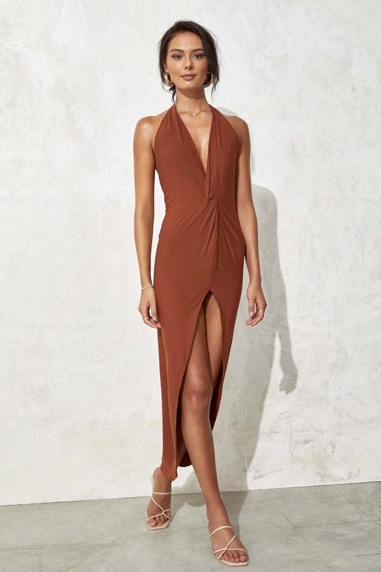 Halter V Neck Backless Summer Slit Midi Dresses-Hayhty.All Rights Reserved.