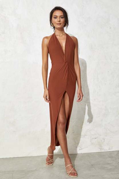 Halter V Neck Backless Summer Slit Midi Dresses-Hayhty.All Rights Reserved.