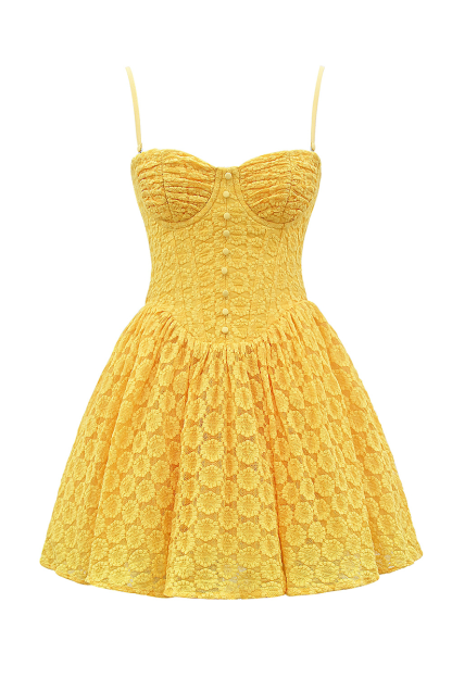 Daisy Pattern Lace Cinch Waist Slip Mini Dresses-Yellow-Hayhty.All Rights Reserved.