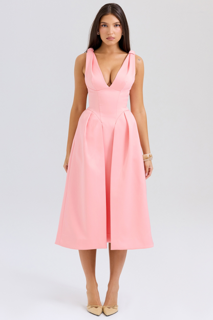 Deep V Neck Cinch Waist Satin Midi Tank Dresses-Pink-Hayhty.All Rights Reserved.