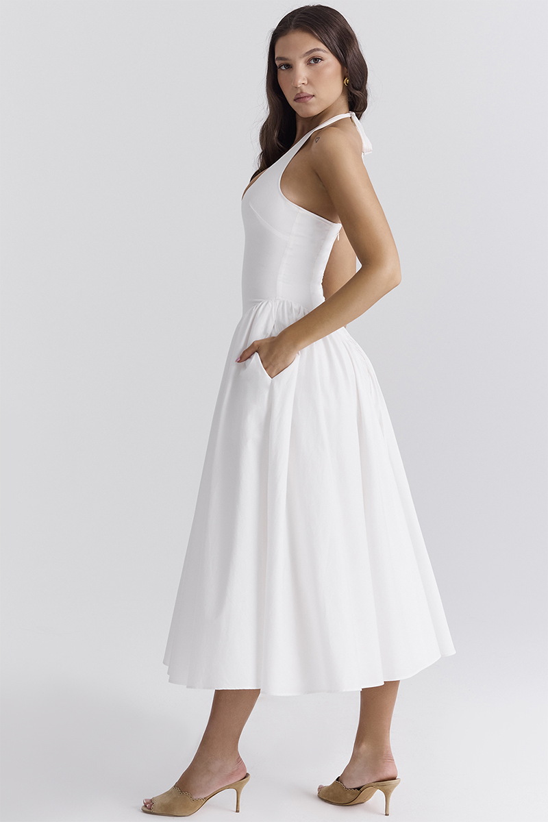 Deep V Neck Halter Cinch Waist Plain Midi Dresses-White-Hayhty.All Rights Reserved.