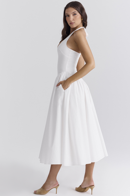 Deep V Neck Halter Cinch Waist Plain Midi Dresses-White-Hayhty.All Rights Reserved.