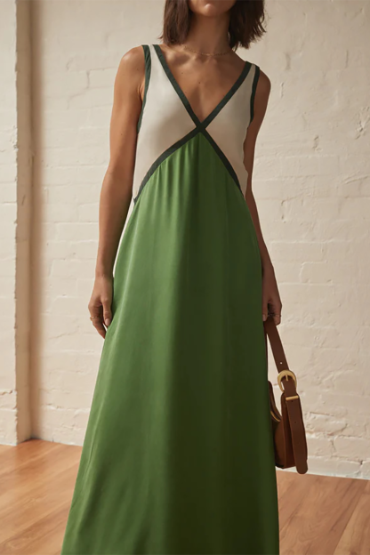 Deep V Neck Colorblock Loose Fit Maxi Tank Dresses-Green-Hayhty.All Rights Reserved.