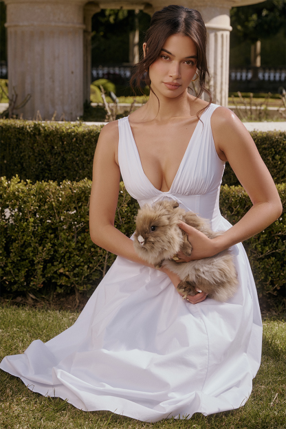 Deep V Neck Cinch Waist Solid Color Midi Tank Dresses-White-Hayhty.All Rights Reserved.