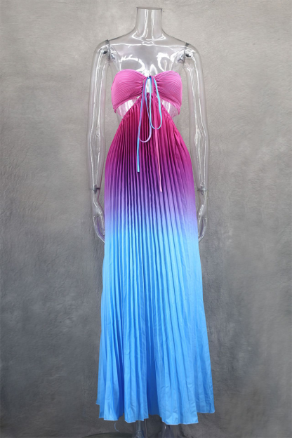 Gradient Color Cross Halter Cutout Backless Pleated Maxi Dresses-Blue-Hayhty.All Rights Reserved.