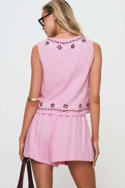 Embroidery V Neck Tie Up Crop Vest Pocket Shorts Matching Set-Pink-Hayhty.All Rights Reserved.