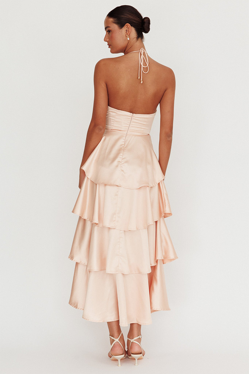 Tiered Ruffled Hem 3D Flower Decor Halter Midi Dresses-Champagne-Hayhty.All Rights Reserved.