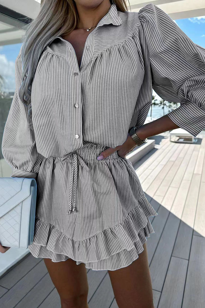 Striped Button Up 3/4 Lantern Sleeve Blouse Ruffled Mini Skirt Matching Set-Blue-Hayhty.All Rights Reserved.
