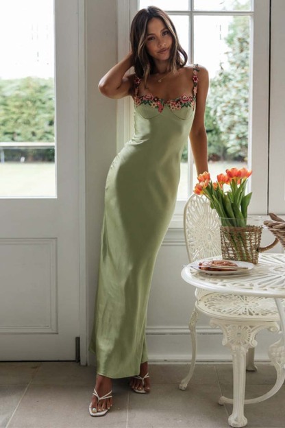 Embroidered Flower Boat Neck High Slit Satin Slim Garden Party Slip Maxi Dresses-Hayhty.All Rights Reserved.