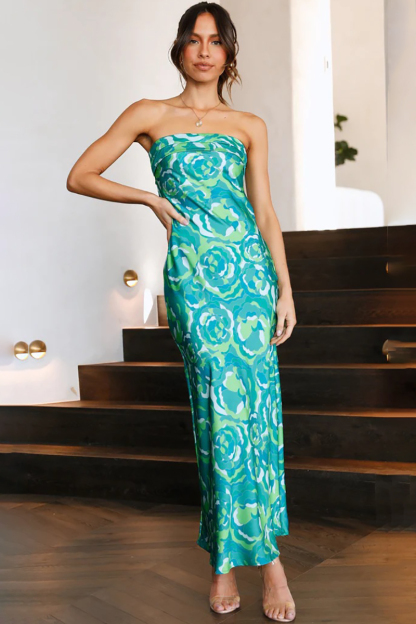 Floral Print Strapless Cut Out Flowy Satin Vacation Maxi Dresses-Hayhty.All Rights Reserved.