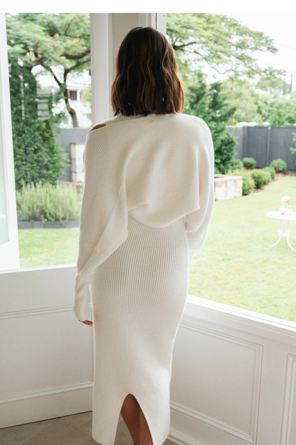 Turtleneck Knit Cardigan Sleeveless Maxi Dresses Set-Hayhty.All Rights Reserved.
