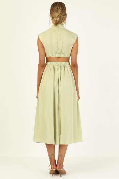Stand Collar Sleeveless Open Waist Dress Maxi Dresses-Hayhty.All Rights Reserved.