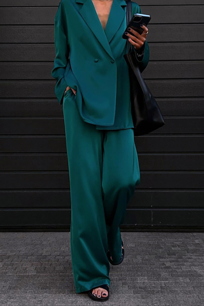 V Neck Long Sleeve Loose Fit Blazer Satin Wide Leg Pants Matching Set-Green-Hayhty.All Rights Reserved.