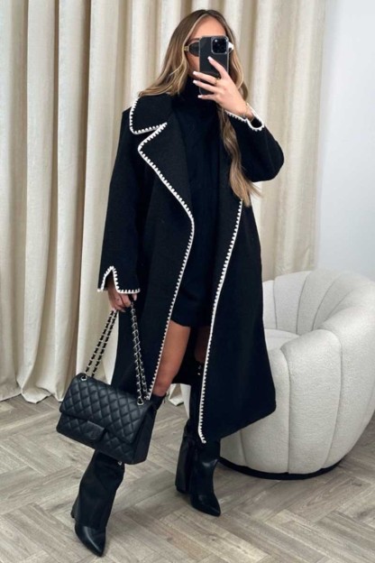 Wavy Edge Lapel Collar Long Sleeve Loose Fit Woolen Coat-Black-Hayhty.All Rights Reserved.