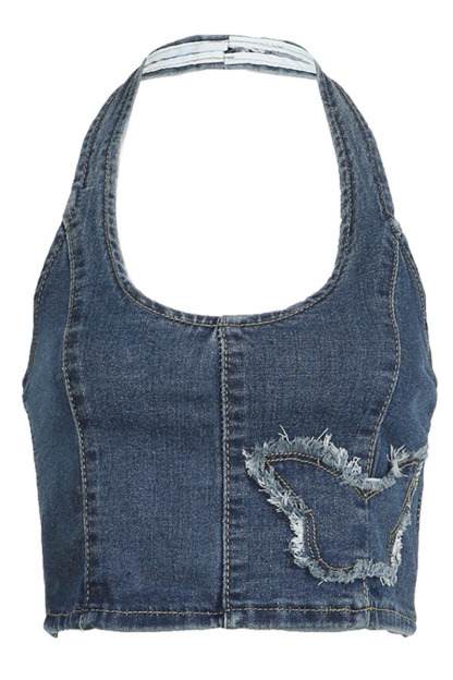 V Neck Halter Backless Frayed Butterfly Patch Denim Crop Top-Blue-Hayhty.All Rights Reserved.