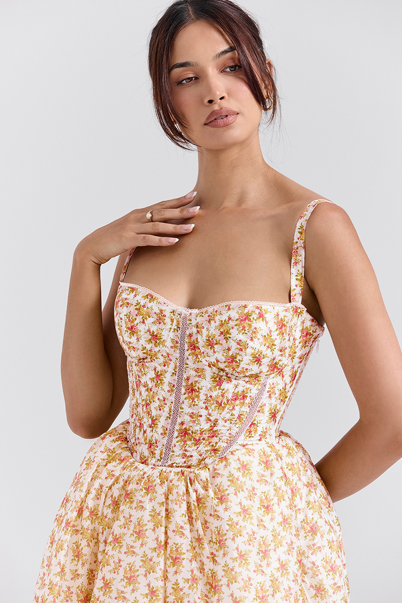 Floral Print Corset Lace Up Split Vacation Midi Dresses-Yellow-Hayhty.All Rights Reserved.