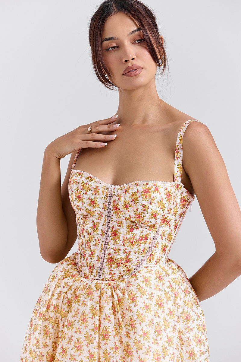 Floral Print Corset Lace Up Split Vacation Midi Dresses-Yellow-Hayhty.All Rights Reserved.