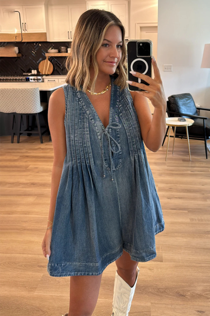 V Neck Front Tie Up Sleeveless Loose Fit Denim Casual Playsuit Romper-Blue-Hayhty.All Rights Reserved.