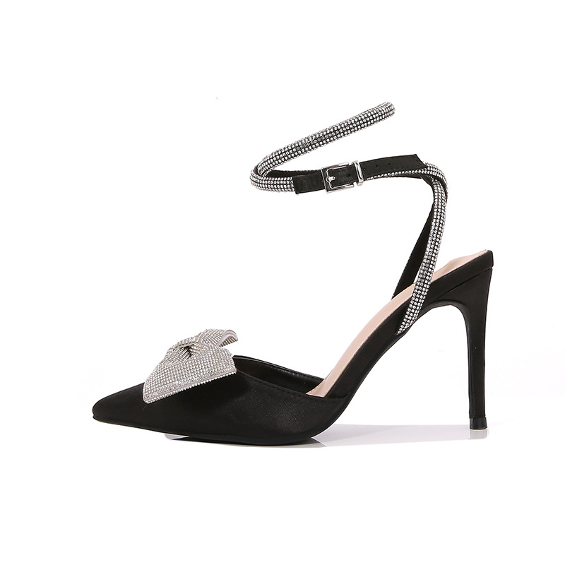 Rhinestone Bow Cross Strap Buckle Pointed Toe Satin Stiletto Heels-Black-Hayhty.All Rights Reserved.