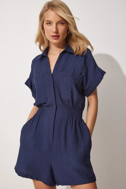 Turndown Collar Short Sleeve Pockets Solid Color Casual Playsuit Romper-Khaki-Hayhty.All Rights Reserved.