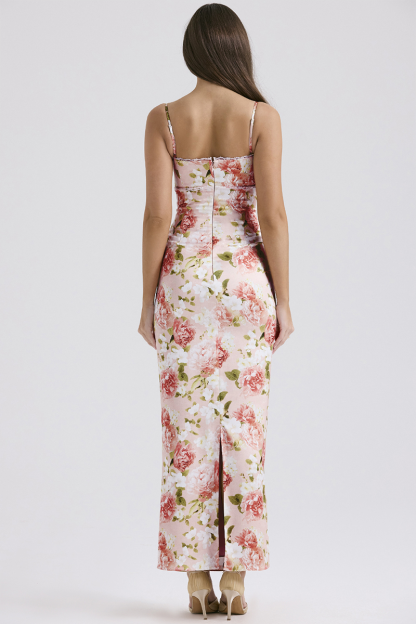 Floral Print Lace Trim Spaghetti Strap Back Slit Hem Slim Fit Maxi Dresses-Pink-Hayhty.All Rights Reserved.
