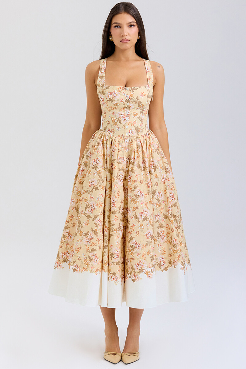 Floral Print Cinch Waist Wide Straps Bouffant Midi Dresses-Yellow-Hayhty.All Rights Reserved.