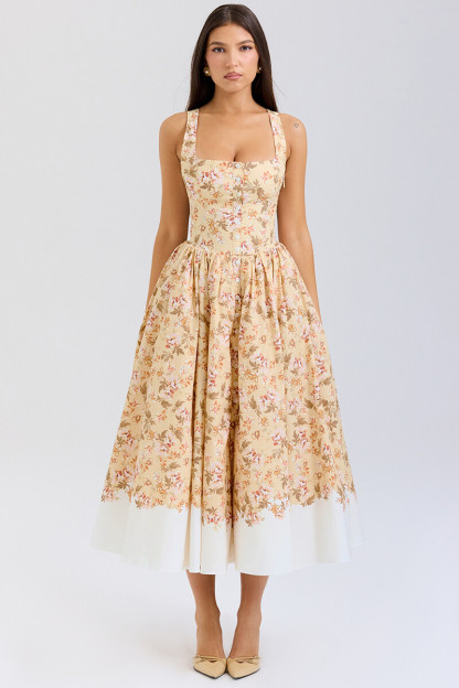Floral Print Cinch Waist Wide Straps Bouffant Midi Dresses-Yellow-Hayhty.All Rights Reserved.