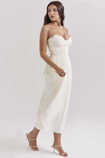 Strapless Corset Pleated Elegant Party Gown Midi Dresses-White-Hayhty.All Rights Reserved.